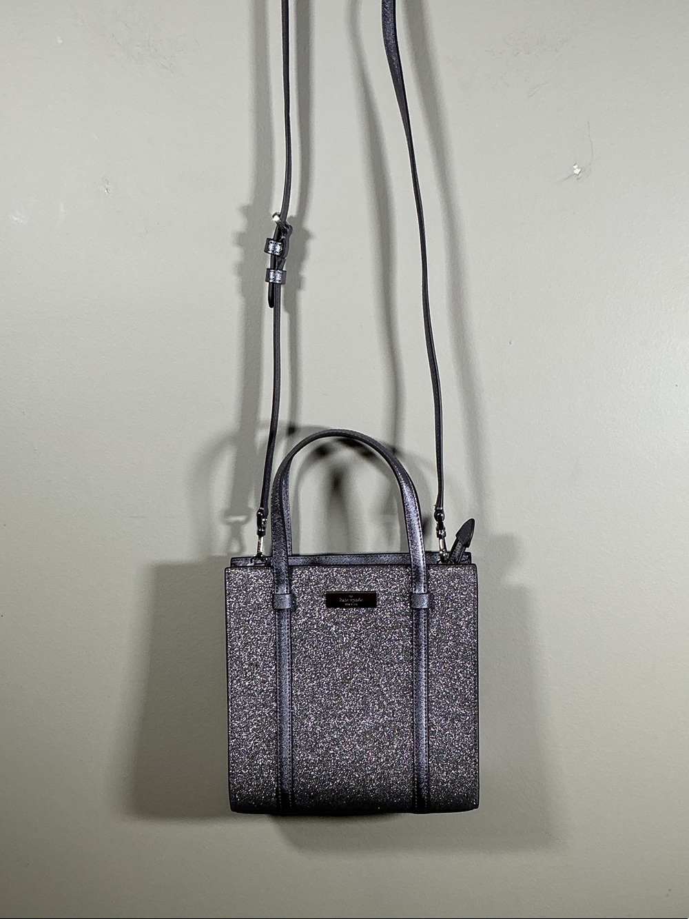 Kate Spade New York Glitter Crossbody Mini Tote Metallic Gunmetal Silver Sparkle